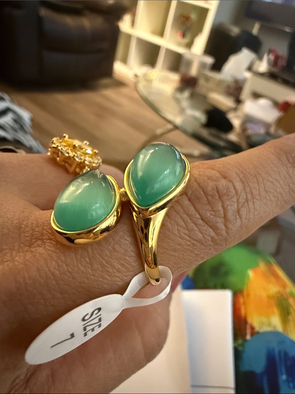 Gold plated Green Cat's Eye Teardrop Ring - Women Jewelry